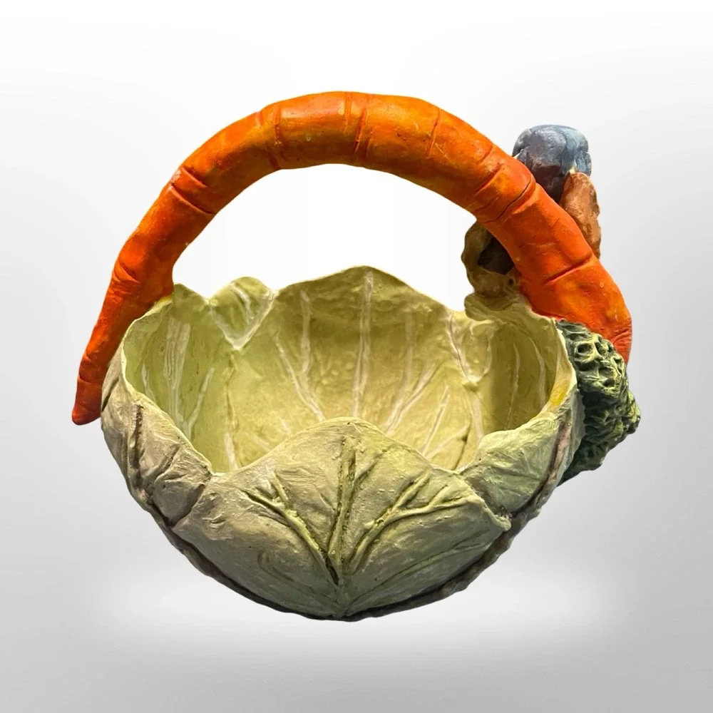 Easter Bunny Cabbage Leaf Basket Carrot Handle Resin Candy‎ Dish Spring Decor